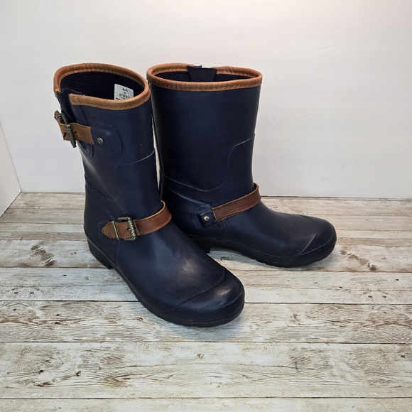Sperry Womens Size 8 Top Sider Rubber Rain Boots Leather Buckles Navy Blue C01 - Picture 1 of 12